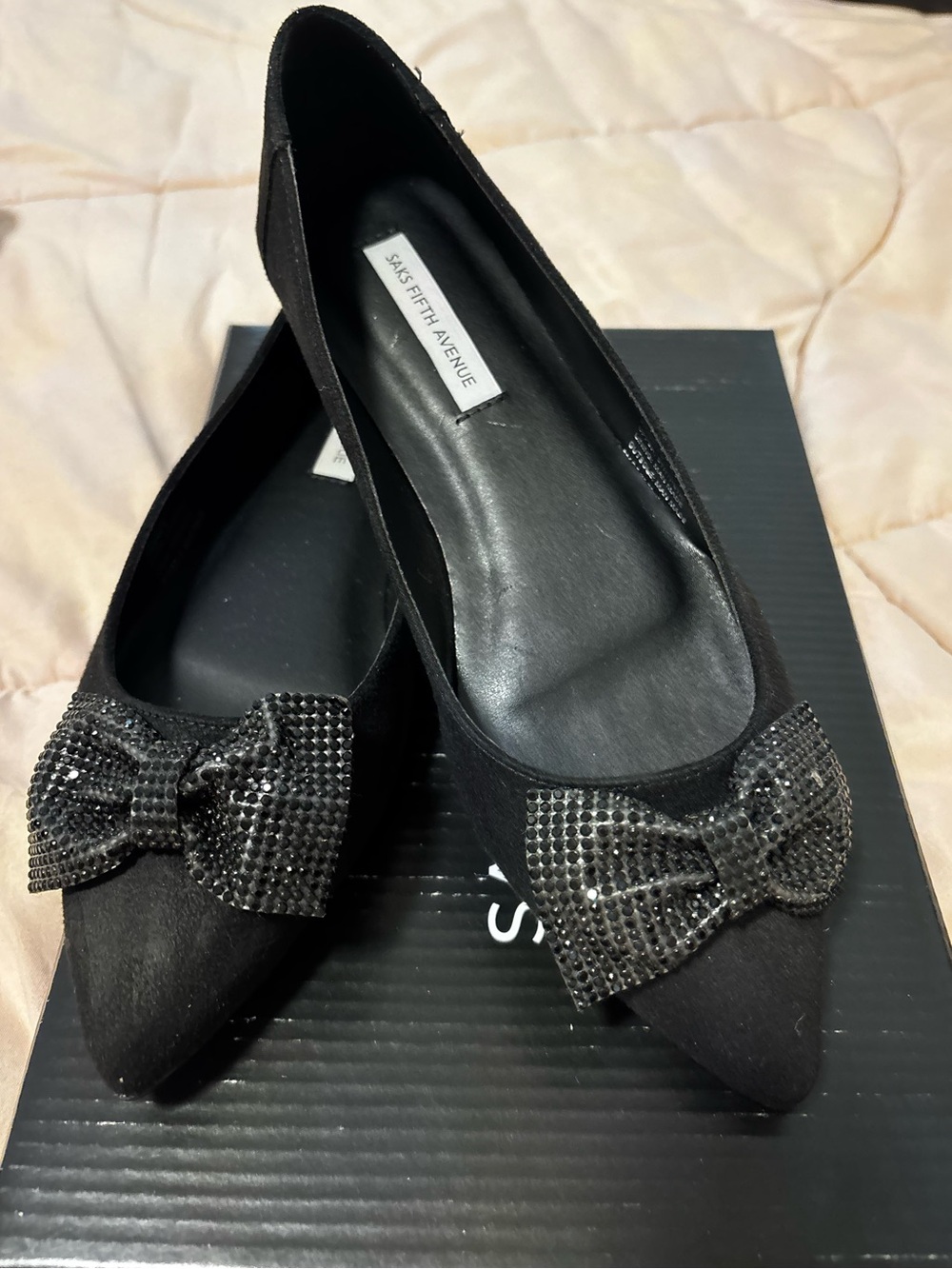 Saks Fifth Avenue Black Pointed Toe Bow Flats with Rhinestone Bow